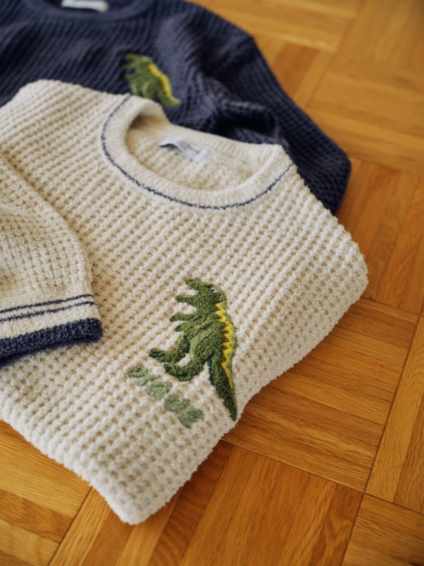 【HOMME】ワッフルダイナソープルオーバー&ワッフルダイナソーハーフパンツ&ロゴラインソックス&スムーズィーliteルームシューズを着た男性