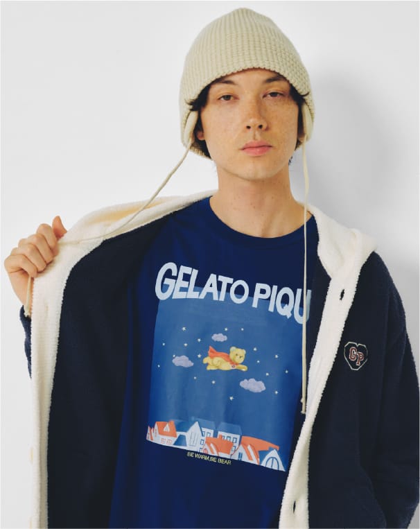 【HOMME】ベビモコヒーローベアジャガードカーディガンのコーディネート