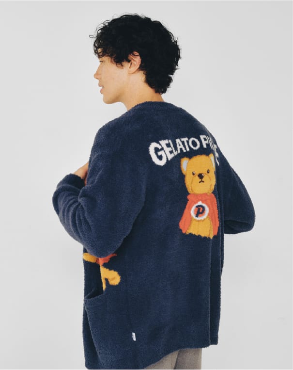 【HOMME】ベビモコヒーローベアジャガードカーディガンのコーディネート