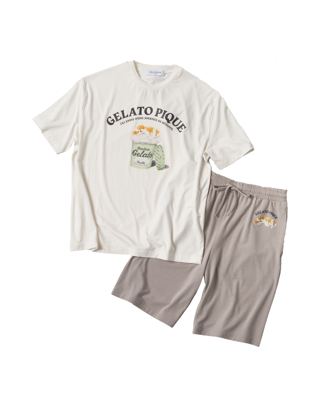 【HOMME】レーヨンスリーピングドッグワンポイントTシャツ&【HOMME】レーヨンスリーピングドッグワンポイントハーフパンツ