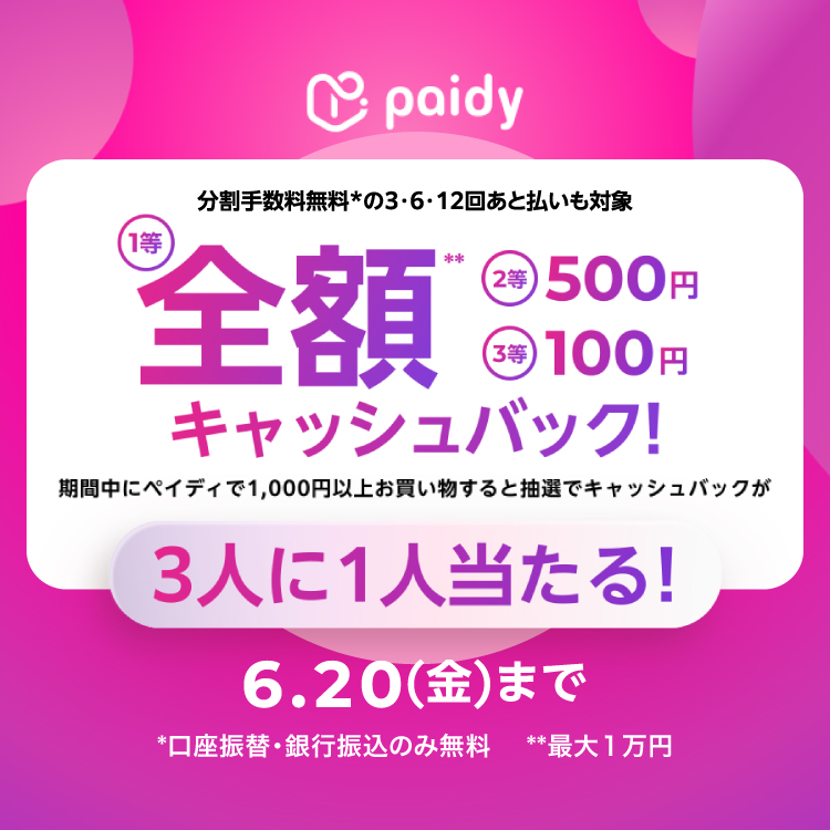 【３人に１人の確率で当たる】あと払い（ペイディ）利用で最大全額キャッシュバックキャンペーン！
